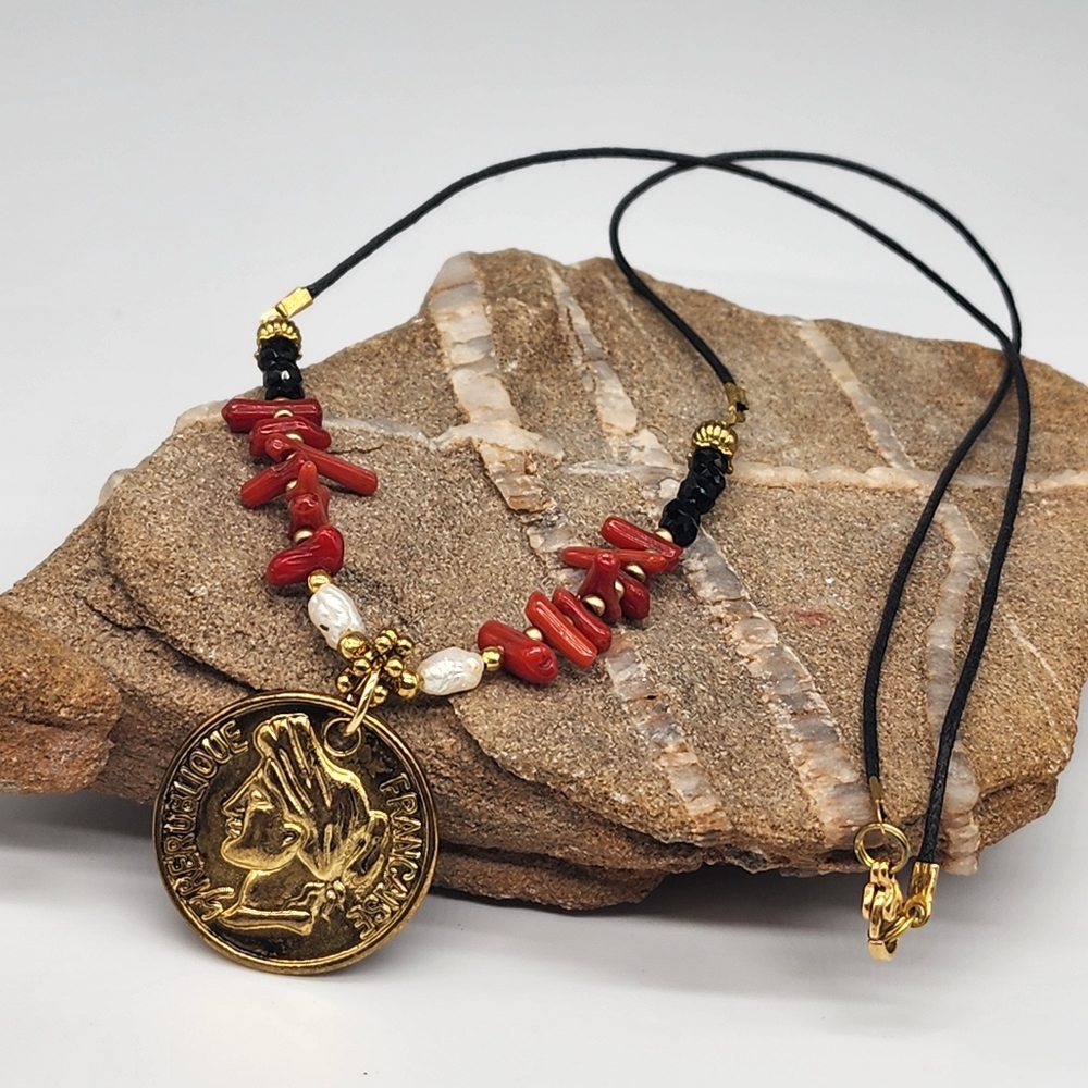 Gold Coin Necklace Pendant 14k Goldplated clasp Natural red Coral freshwa Pearl